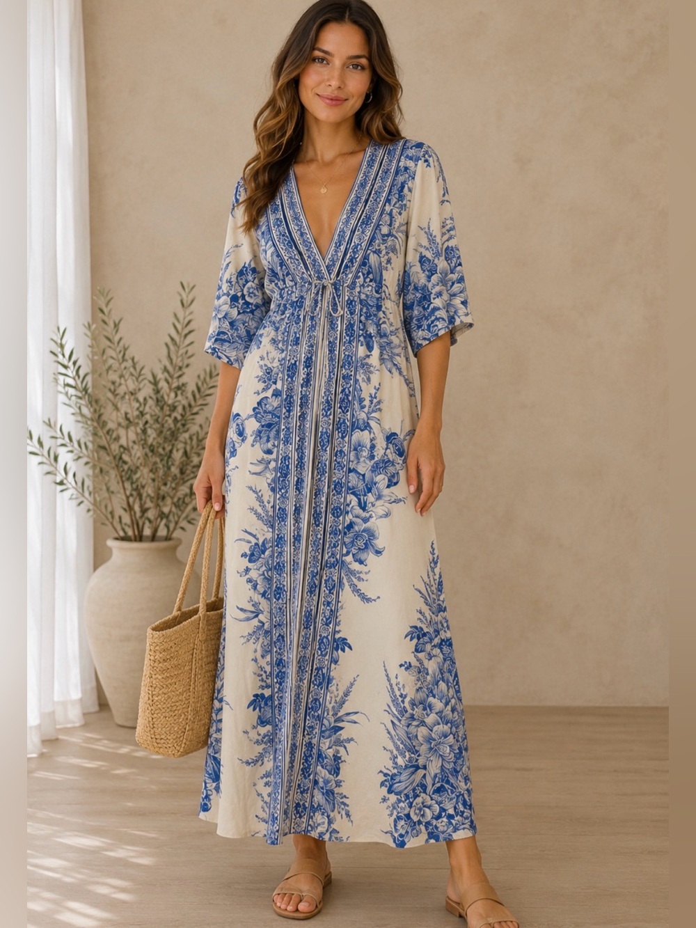 Blue and Cream Floral Maxi Dress with V-Neck 20” Waist
